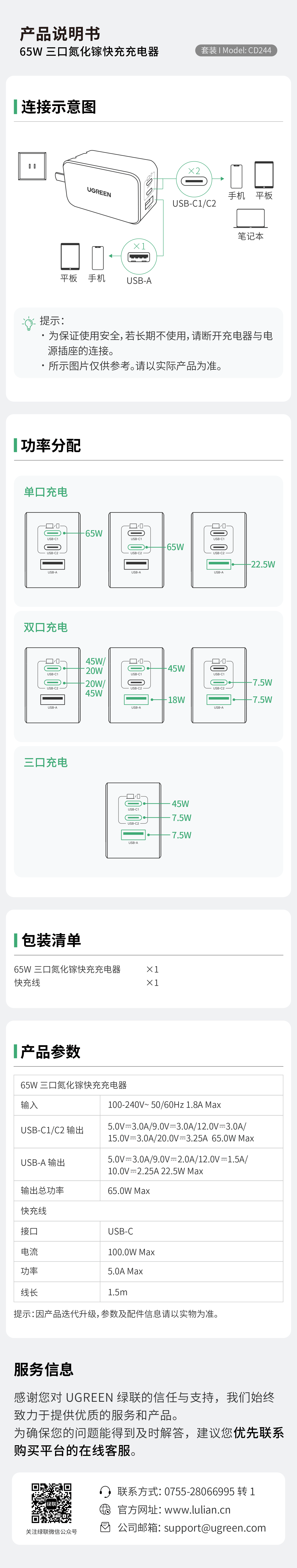 綠聯(lián)CD244充電器說(shuō)明書(shū)，含連接、功率分配、參數(shù)等指引